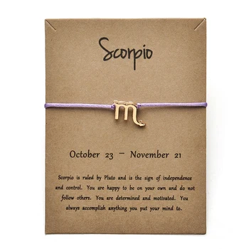 

12pcs Light Purple Colors Gold Card Fashion Jewelry 12 Constellations Zodiac Woven Bracelet Bangles For Women