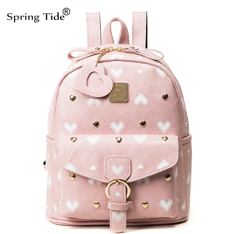 2018 Fashion Pink Heart Print PU Leather Backpack Women Hasp School Bag