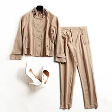 High quality solid beading long sleeve short jackets and slim ankle length pants 2018 new brand runway women spring 2 piece suit