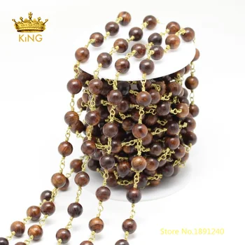 

5meters 8mm Natural Wooden Beads Chains Wire Wrapped Plated Brass Copper Round Wood Chain Jewelry Making Necklace Findings ZJ179