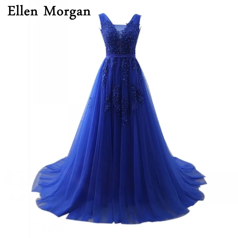 Lungo Blu Royal Abiti Da Sera 2017 vestito da Partito Elegante Scollo A V  In Pizzo Up di Tulle Lungo Sexy Red Carpet Abiti Da Ballo Formale per Le  Donne di Usura -