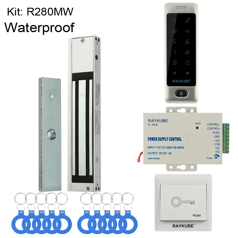 RAYKUBE DIY система контроля доступа набор с сенсорной клавиатурой+ Электронные дверные замки+ кнопка выхода+ блок питания+ RFID ключи - Цвет: 280MW