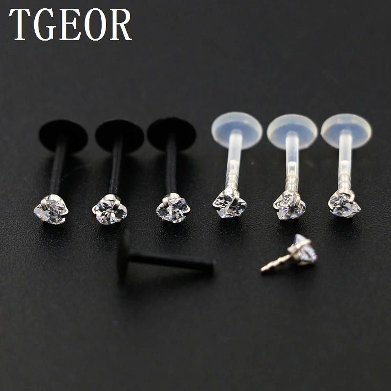 

new hot wholesale 20pcs 16G colors gem heart CZ Cubic Zircon snap in lip ring UV acrylic labret piercing free shipping
