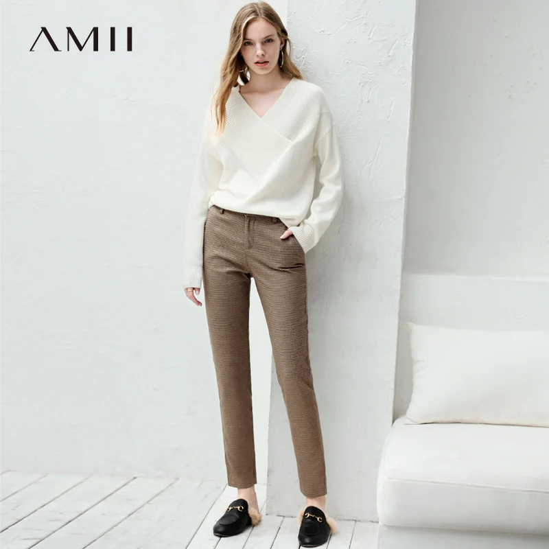 

Amii England Style Puppytooth Straight Pants Women 2018 Causal Slim Plaid Designer Brand Knee Length Pants