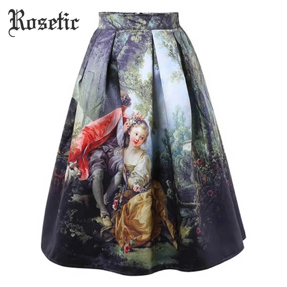 

Rosetic Gothic Summer Skirt Vintage A-Line Medieval Oil Painting Cartoon High Waist Pleated Casual Goth Retro Midi Skirts Women