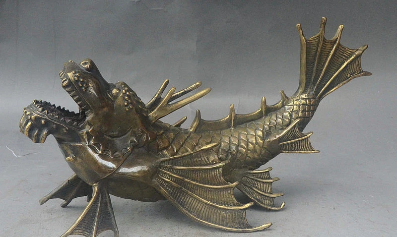 

13" Folk Old China Palace Fengshui Bronze Auspicious Wealth Dragon Fish Statue