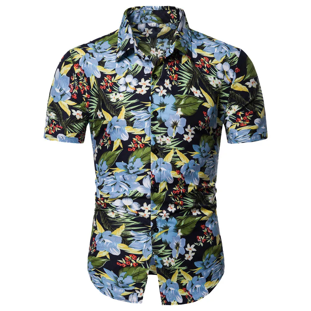 

2019New Summer Mens Short Sleeve Beach Hawaiian Shirts Cotton Casual Floral Shirts Clothing Trend Mens Casual Flower Shirts_3.22