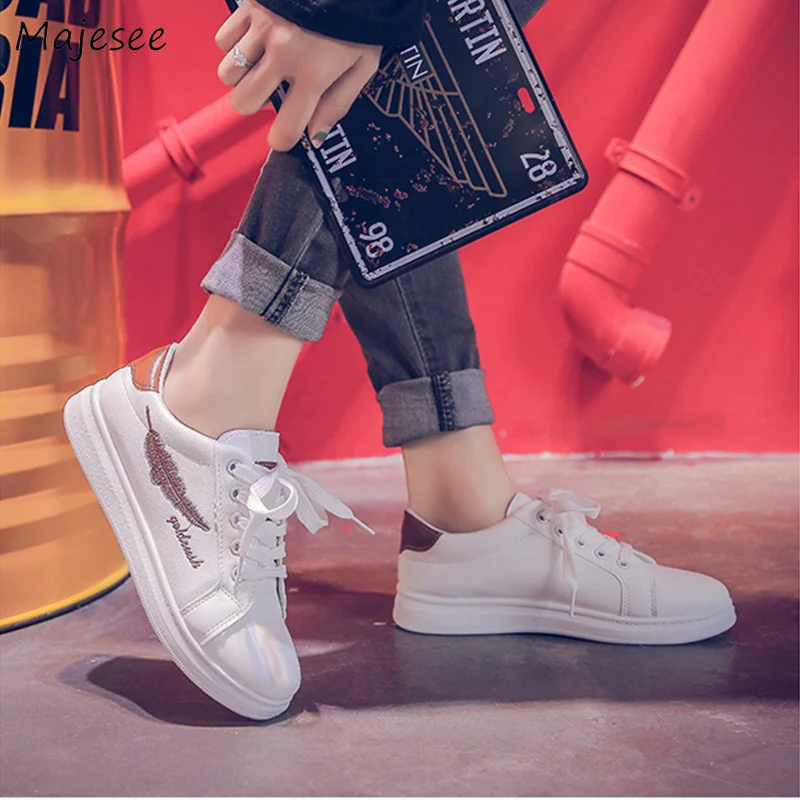 

Vulcanize Shoes Women White Trendy Lace-up All-match Non-slip Womens Korean Style Chic Leisure Simple Flat with Female Outdoor