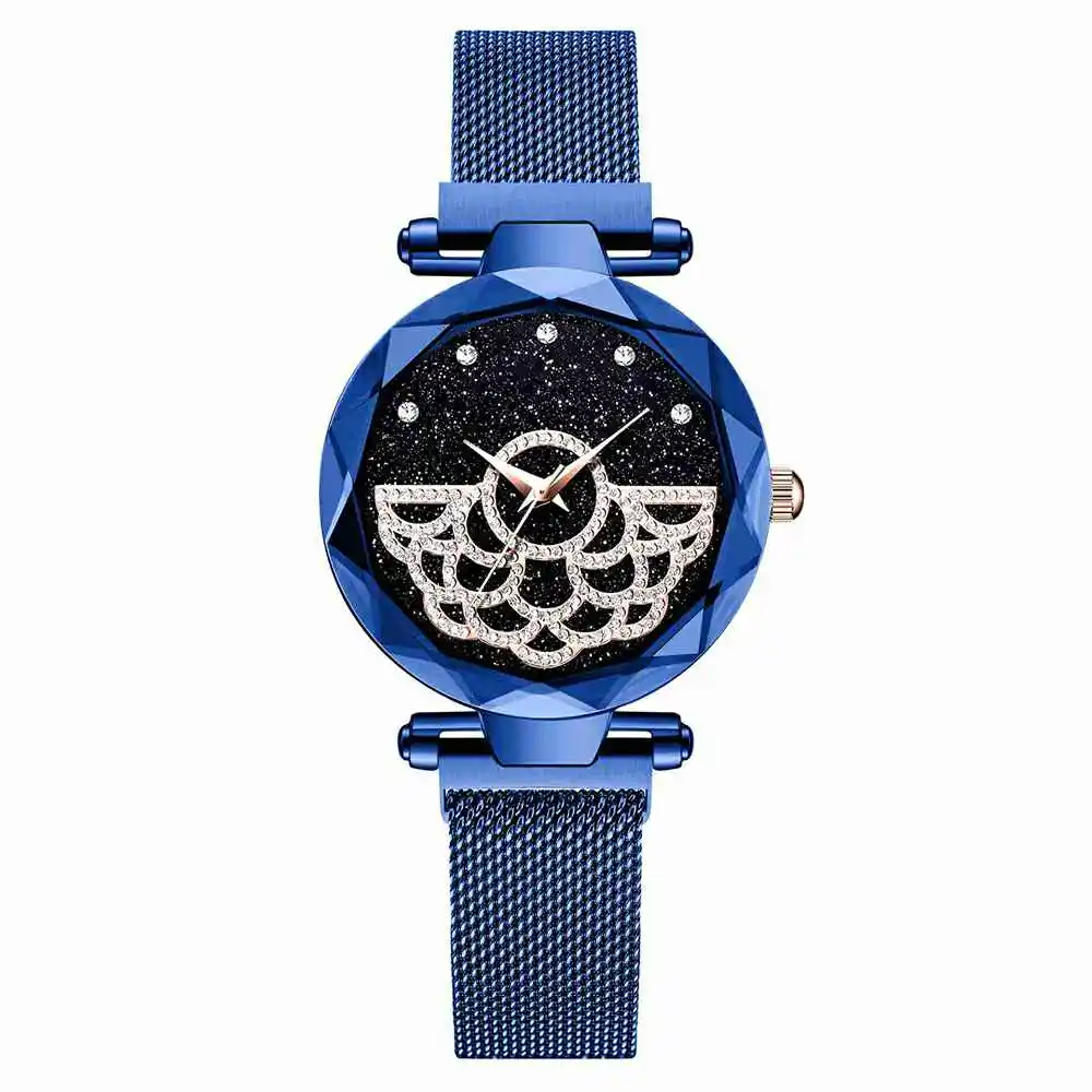 Модные женские часы звездного неба с магнитной пряжкой, бриллиантовые часы из нержавеющей стали с сетчатым ремешком, Роскошные Дизайнерские наручные часы - Цвет: Синий