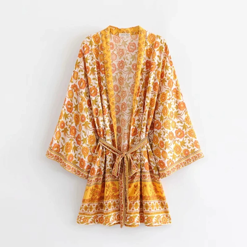 

Women Yellow Flower Printing Flare Sleeve Leisure Kimono Coat Thin Sunscreen Clothing Loose tops fashion Outerwear C661