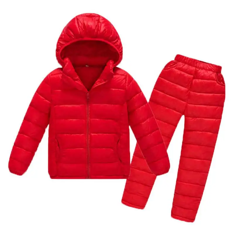 Детский хлопковый комплект спортивной одежды для мальчиков и девочек, зимний утепленный пуховик+ штаны, комбинезон, костюм г. детский зимний комбинезон - Цвет: Красный