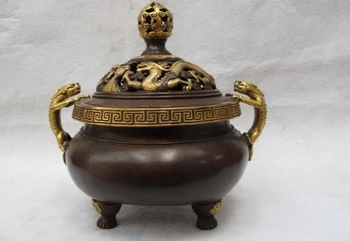 

USPS to USA S2687 100% purple Bronze 24K Gold Gilt Dragon Two beast Ears incense burner Censer