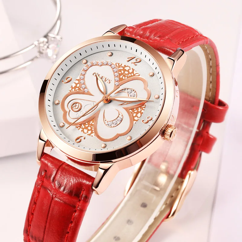 OLEVS Luxury Watches Women Red Leather Wrist watch Female Clock Elegant