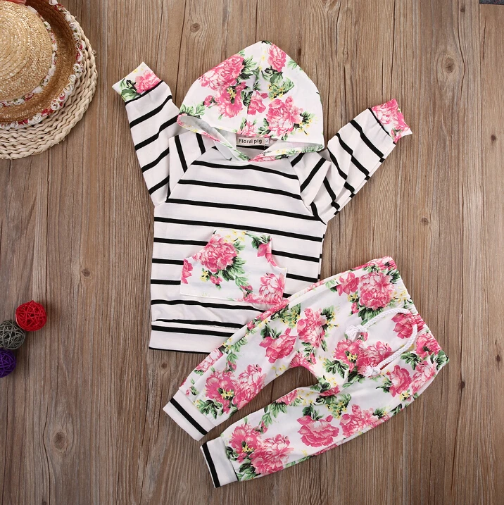 

2pcs Spring Baby Girls Clothes Set Hooded Pullover Top Long Sleeve Cotton Pants Outfits Floral Clothing Set