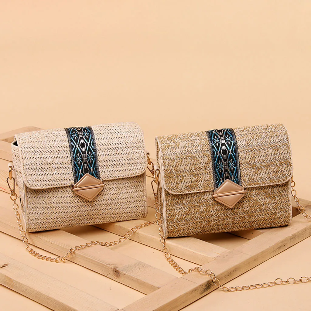 

Women Rattan Bags Handmade Woven Beach Crossbody Bag Square Straw Bag shoulder sac Summer Diagonal Casual Beach Bag bolso rafia