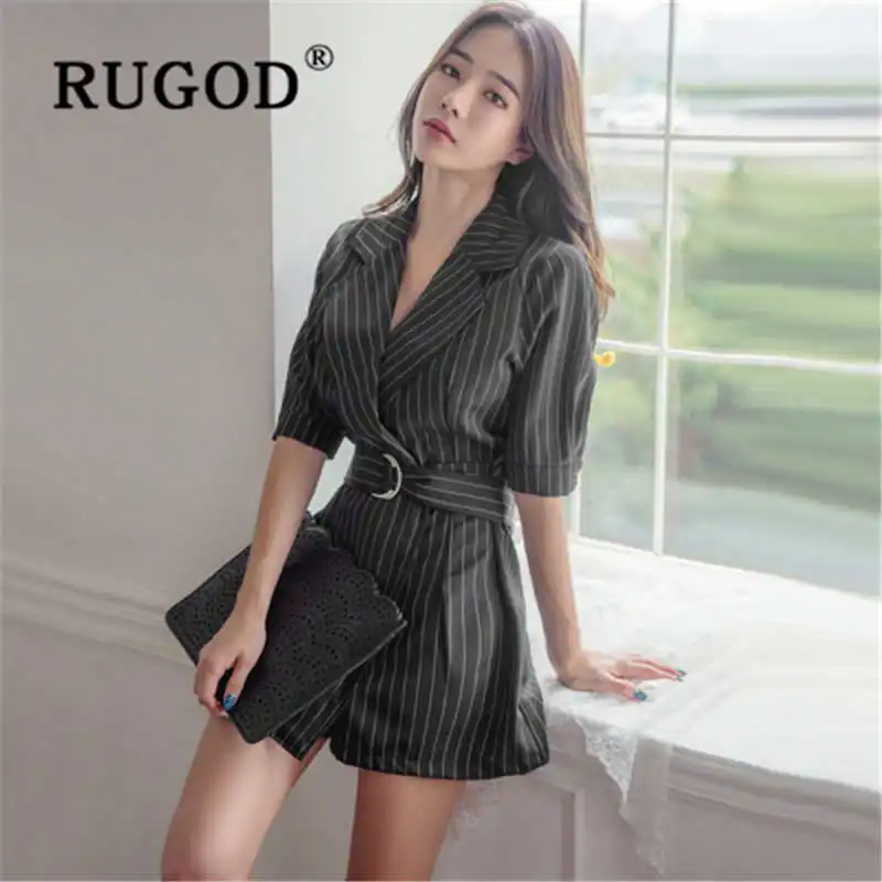 Mid sleeve RUGOD Модный комбинезон приталенный офисный повседневный комбинезон летний ремень с отворотом - Цвет: Mid sleeve