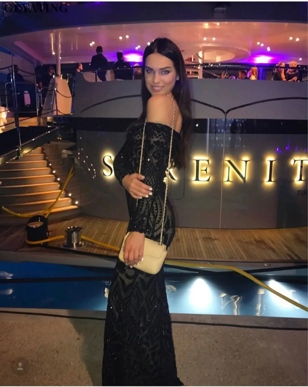 Saudi Arabic Black Sequins Mermaid Evening Dress Long Sleeves Off Shoulder Elegant Women Formal Dress Party Prom Dresses 2019 Saudi Arabic Black Sequins Mermaid Evening Dress Long Sleeves Off Shoulder Elegant Women Formal Dress Party Prom Dresses 2019
