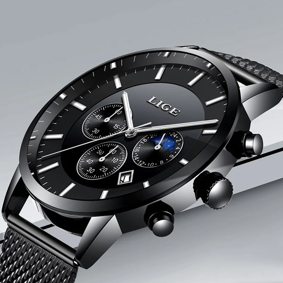 

New Men Watch LIGE Mens Watches Top Brand Luxury Quartz Wristwatch Men Full Steel Grid Casual Strap Waterproof Sport Chronograph
