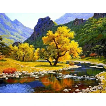 

Picture Color 30*40 Round Autumn Mountain Tree Creek Cross Stitch Landscape Tree Painting Decor