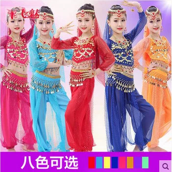 

New girls Belly dance costumes chiffon long sleeves top+trousers+belt+veil 4pcs belly dance set for girls belly dance suits