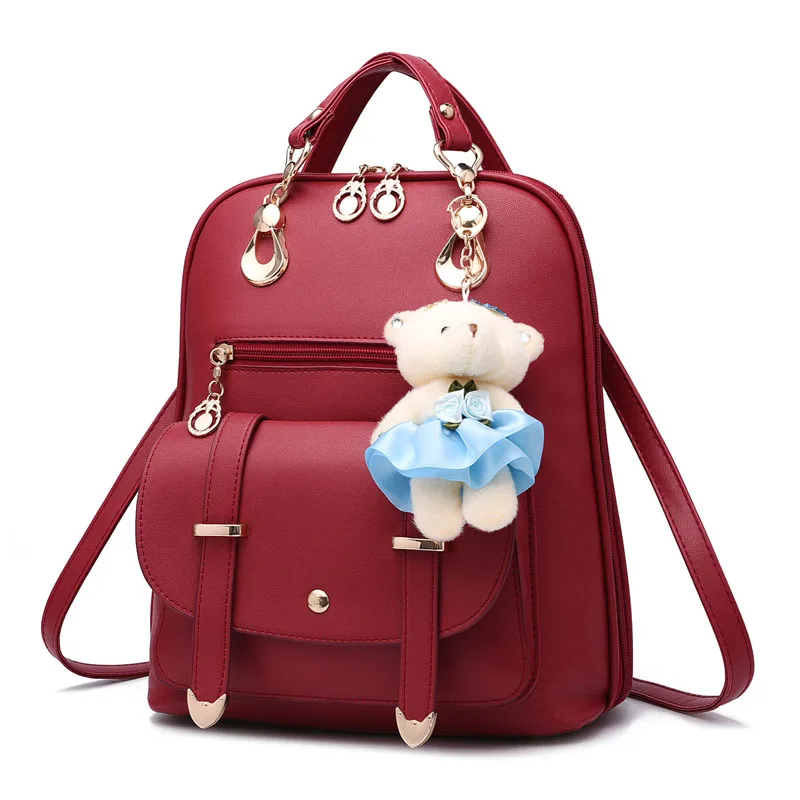 Модный женский кожаный рюкзак с подвеской в виде медведя из искусственной кожи, школьные сумки для молодых девушек, женский рюкзак, Дамский рюкзак
