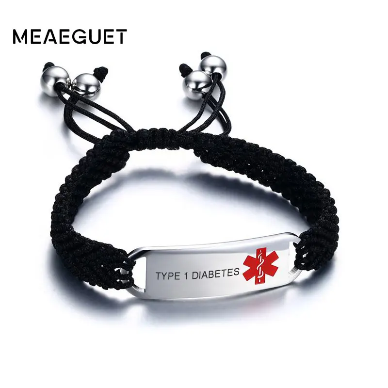 Type 1 Diabetes Браслет Meaeguet с гравировкой медицинского оповещения ID, Регулируемый Черный плетеный браслет на цепочке, браслет для женщин и мужчин, информация о ювелирных изделиях, не вызывает аллергии - Окраска металла: Type 1 Diabetes