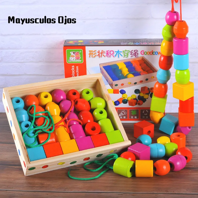 

Wooden Large Particle Shape Building Blocks Rope Early Childhood Education Color Cognitive Bead Threading Educational Toys