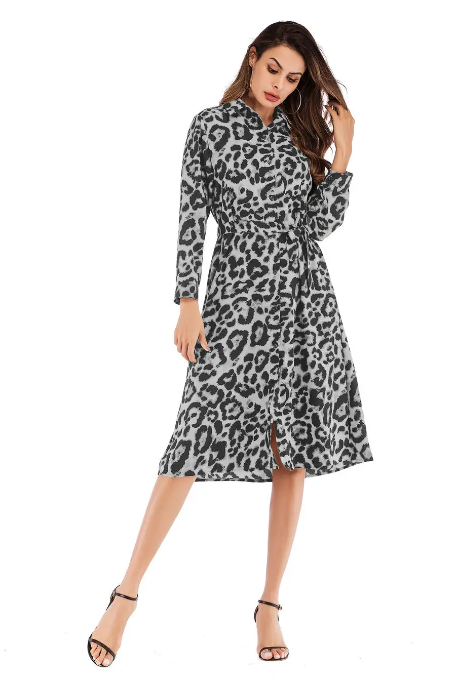 Gladiolus Chiffon Spring Dress Women 34 Sleeve Turn-Down Collar Leopard Print Belt Women Shirt Dress 2019 Autumn Sexy Dresses (15)