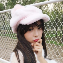 Корея Для женщин кепка газетчика теплые однотонные Цвет восьмиугольная Кепки Зима плотная Берет Hat для женщин большой помпон Кепка художника