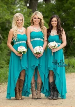 

Cheap Country Bridesmaid Dresses 2019 Teal Turquoise Chiffon Sweetheart High Low Long Peplum Wedding Guest Bridesmaids Maid