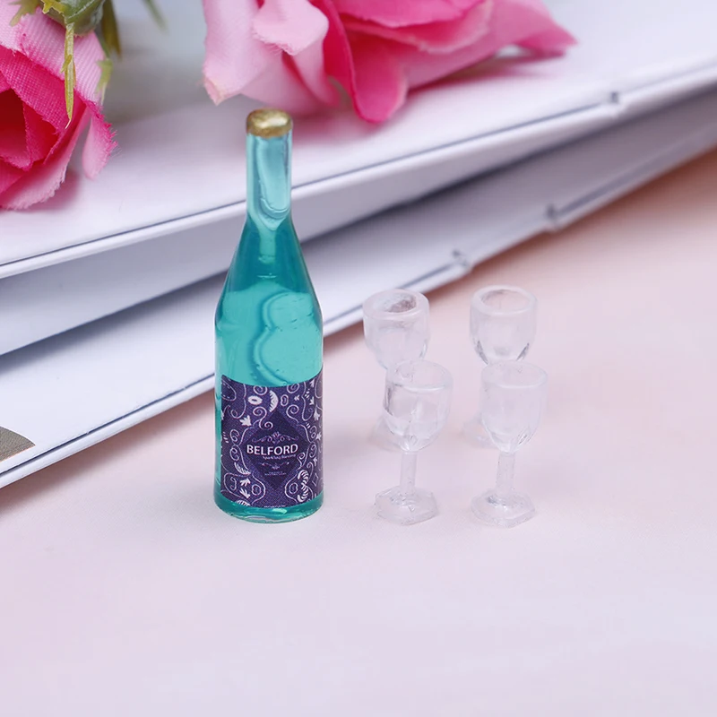 

1 Set Hot sale Mini Resin Doll House Miniatures Wine Bottle With Four Glasses Doll house Cup Set Figure toy