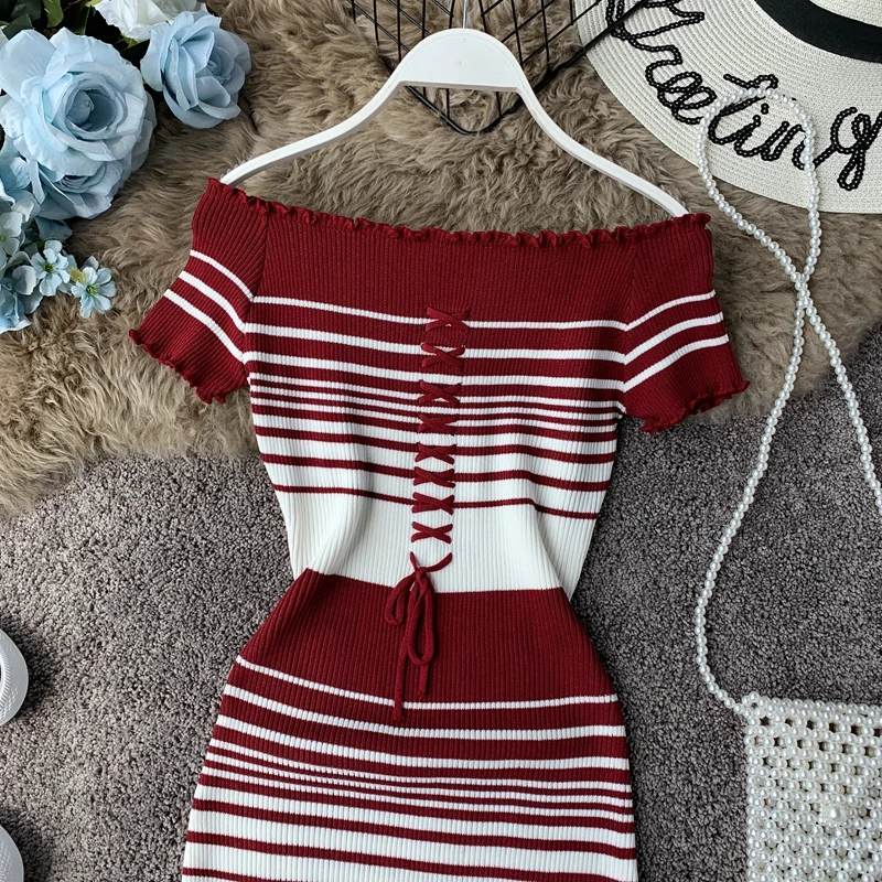 OCEANLOVE Sexy Dress Women Bodycon Striped Off Shoulder Knitted Midi Dress Summer High Waist Short Sleeve Vestidos 12421