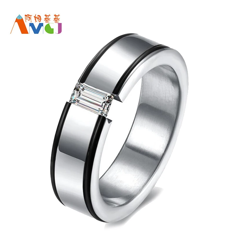 AMGJdg High Quality Men's Ring Silver Color Black Side Channel Setting Square CZ 316L Stainless