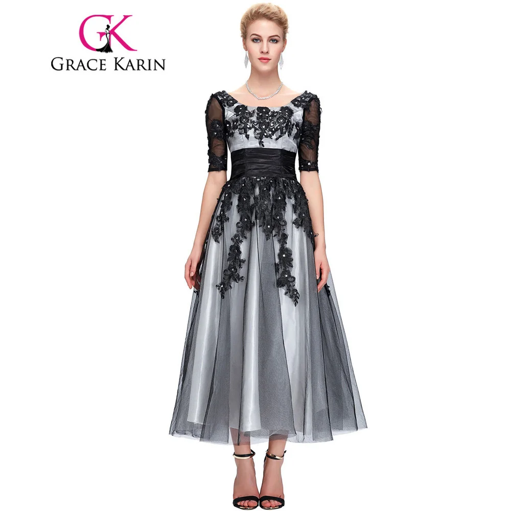 Grace Karin Long Lace Evening Dresses 2017 Elegant Half Sleeve Black White Champagne Formal Dress Ball Evening Gowns Plus Size