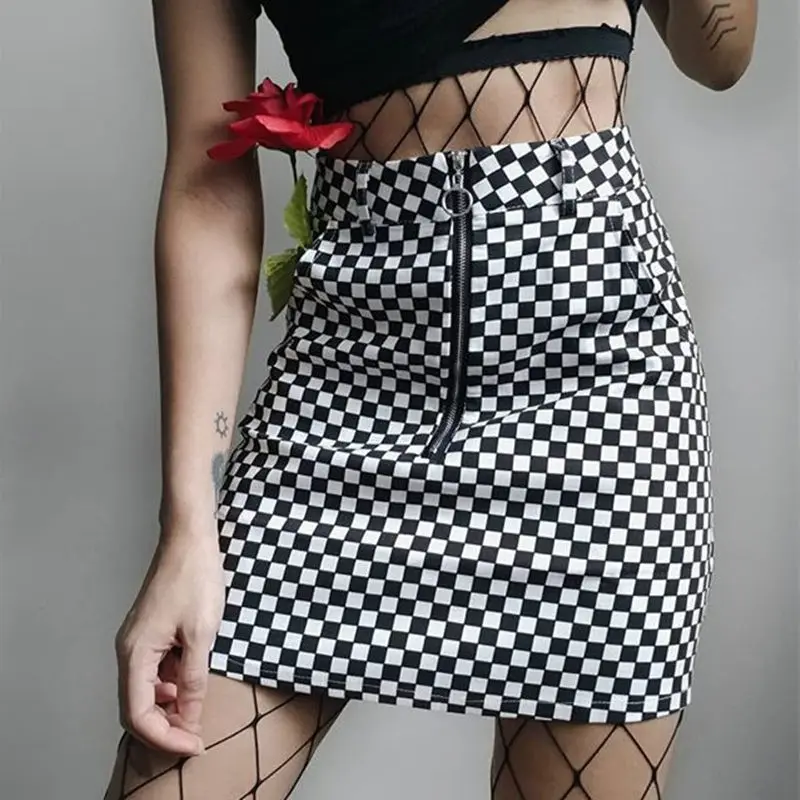 

Checkerboard High Waist Skirt Summer Sexy A-line Mini Skirt Zipper Pockets Checkered Harajuku Skirts Womens Short Bottom Saia