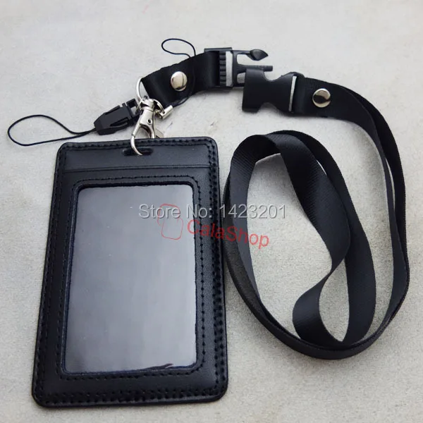 ID Card Holder Vertical strap Lanyard Genuine Leather for Retractable Badge USA