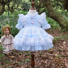 Летнее винтажное испанское кружевное платье с цветами для девочек платье с помпонами вечерние платья для дня рождения платье для фотосессии-синий розовый желтый