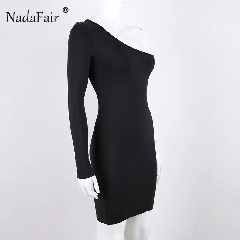 Nadafair, высокая талия, Сексуальные вечерние платья для клуба, женские открытые облегающие платья с длинным рукавом, белое красное осеннее мини-платье на одно плечо