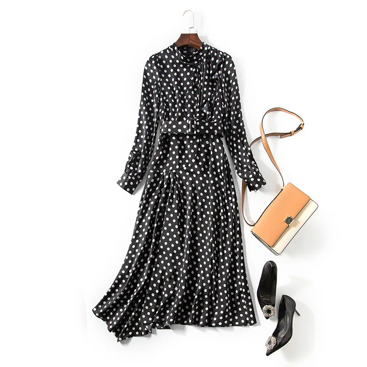 

New irregular wave point mid long 19 spring new style waist collecting dress with high profile temperament over the knee