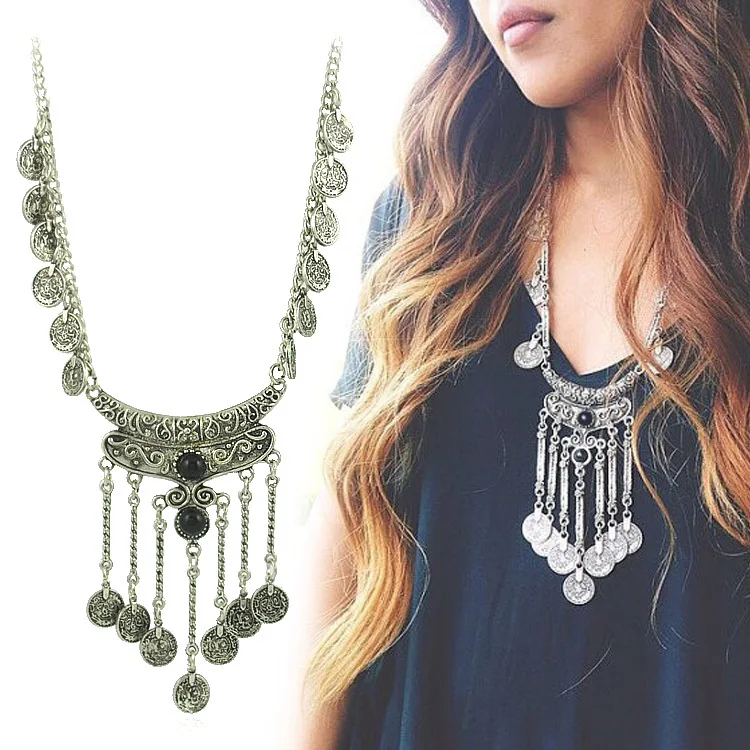 

New fashion Bohemian Boho Jewelry Antique Silver Tassels Pendant Long Carving Coins Necklace For Women Fine Jewelry