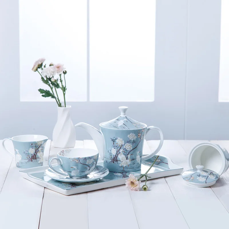 

Boutique European Hand Painted White Crane Ceramics Bone China Afternoon Tea Set Coffee Cup Tea Tray Teapot Milk Cups Fruit Dish