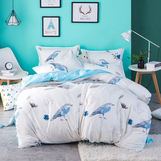 White Blue Bird flower animal Printed Bedding Set Pastoral Style Duvet