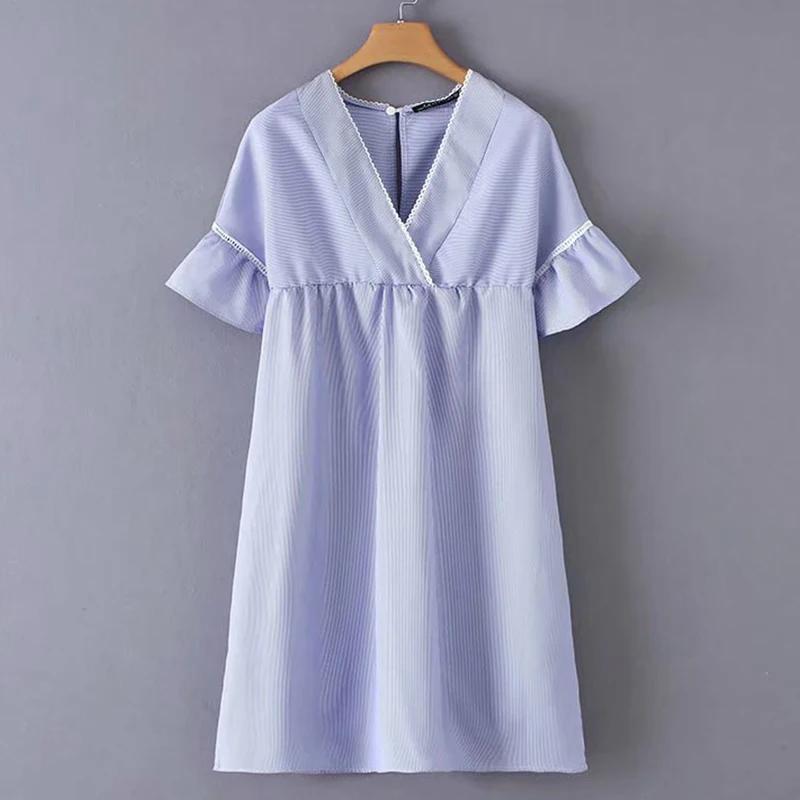 Women's Clothing Dress 2019 Ruffles Striped Short-Sleeved V-Neck Dress Ms Summer Sexy Street Leisure Temperament Clothing