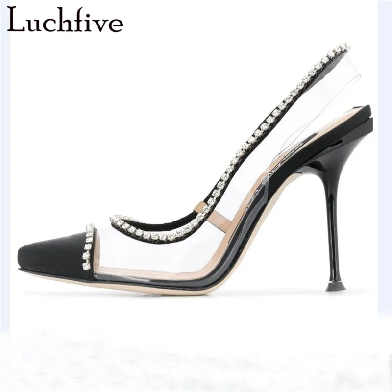 

Sexy PVC Clear Women Pumps Rhinestone Thin High Heels Ladies Shoes Black Beige Transparent Slingbacks Summer Shoes Woman