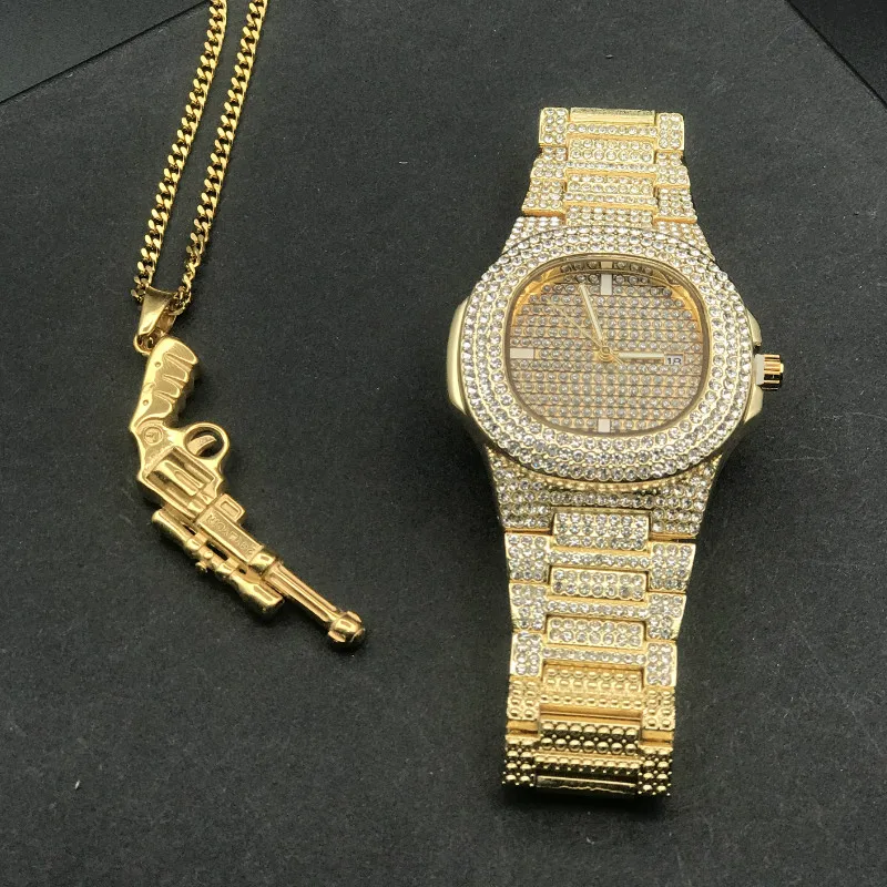Набор для мужчин в стиле хип-хоп: часы с бриллиантами и ожерелье, золото, серебро, хип-хоп, ледяная кубинская цепь AK47, подвеска w/2", набор для ожерелья с цепочкой в коробке - Цвет: set103