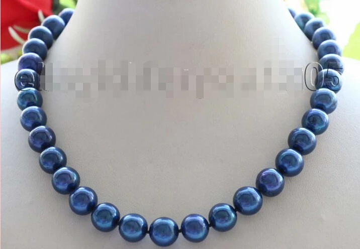 

fast17.5" Genuine Natural 11-12mm Blue Round Pearl necklace 9k zircon #f1670! (A0511)