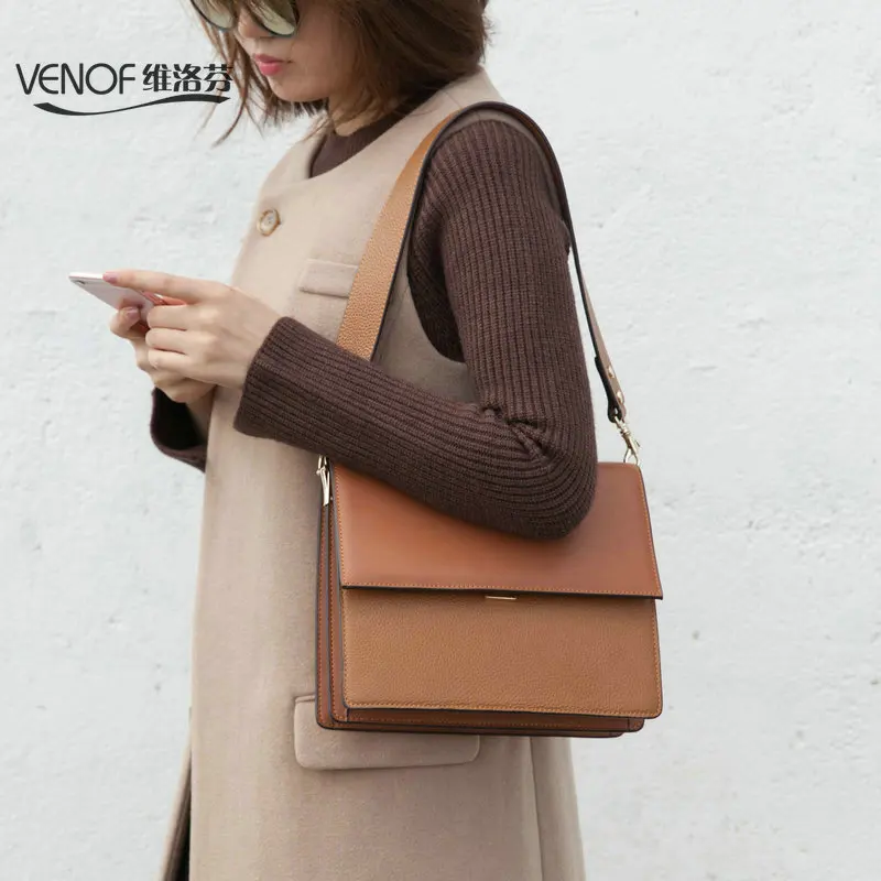 

VENOF luxury genuine leather bag for women vintage wide strap shoulder bag terse ladies messenger bag roomy female crossbody bag