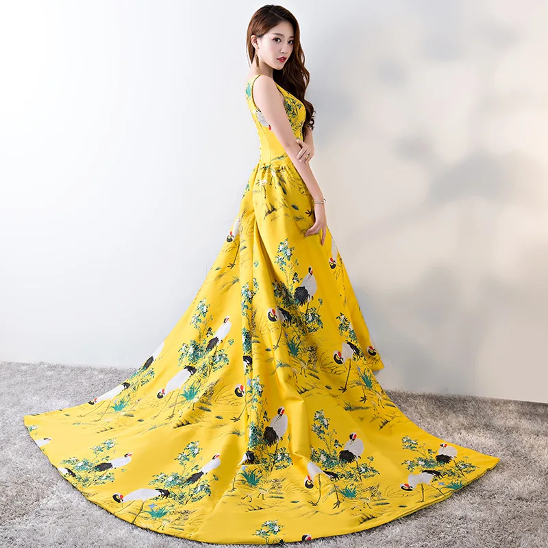 Желтый со шлейфом Роскошные Восточный вечер китайское платье вышивка Cheongsam Сексуальная Русалка без бретелек спинки платья для свадебной