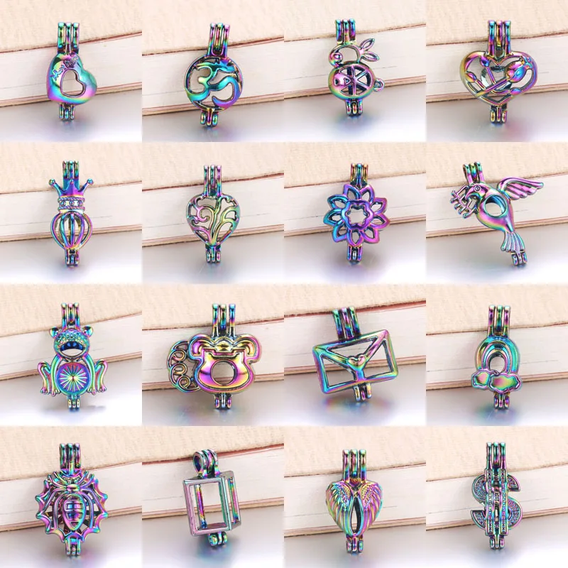 

6pcs/lot 16 styles Rainbow Color Pearl Cage Bead Cage Essential Oil Diffuser Locket Pendant DIY Jewelry Making for Oyster Pearl