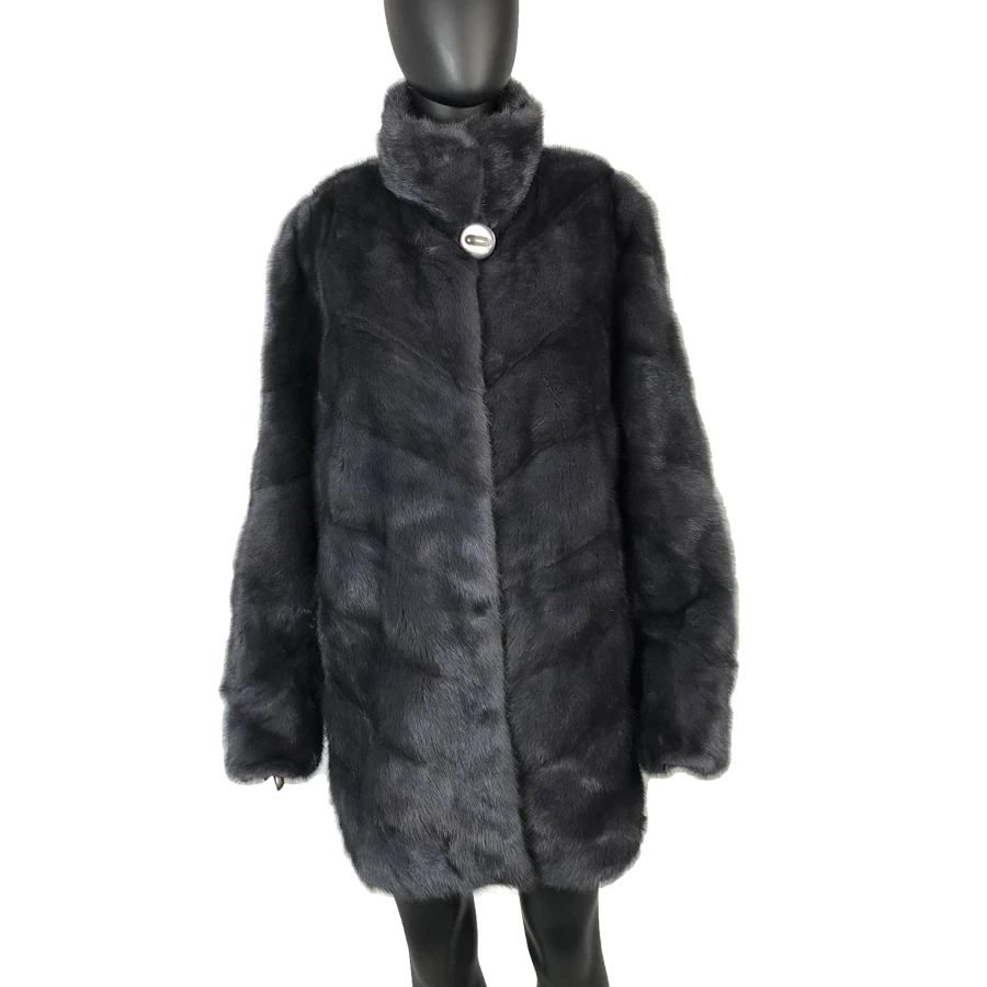

middle long Elegant Women Winter Outwear with standing collar luxurious real mink fur coat darkgray striped new style coat jac